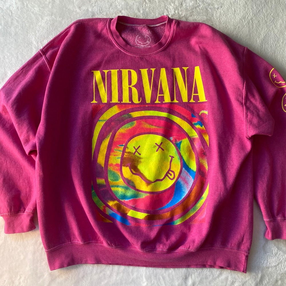 Nirvana‎ Crewneck Sweatshirt Oversized Pink Spiral Smiley Face Graphic S/M Urban